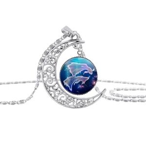 925 Silver Glass Crescent‎ Hollow Moonstone Zodiac Pisces Pendant Necklace